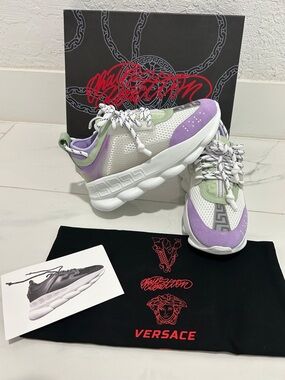 Versace White Sneakers with Pastel Purple & Mint Accents